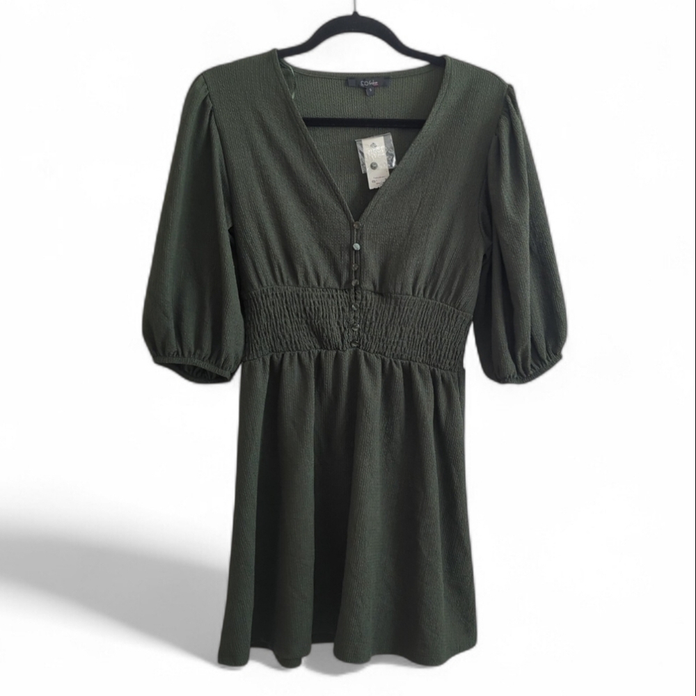 GLO Fashion Olive Green Lightweight Smocked Waste V-neck Dress Size S NWT